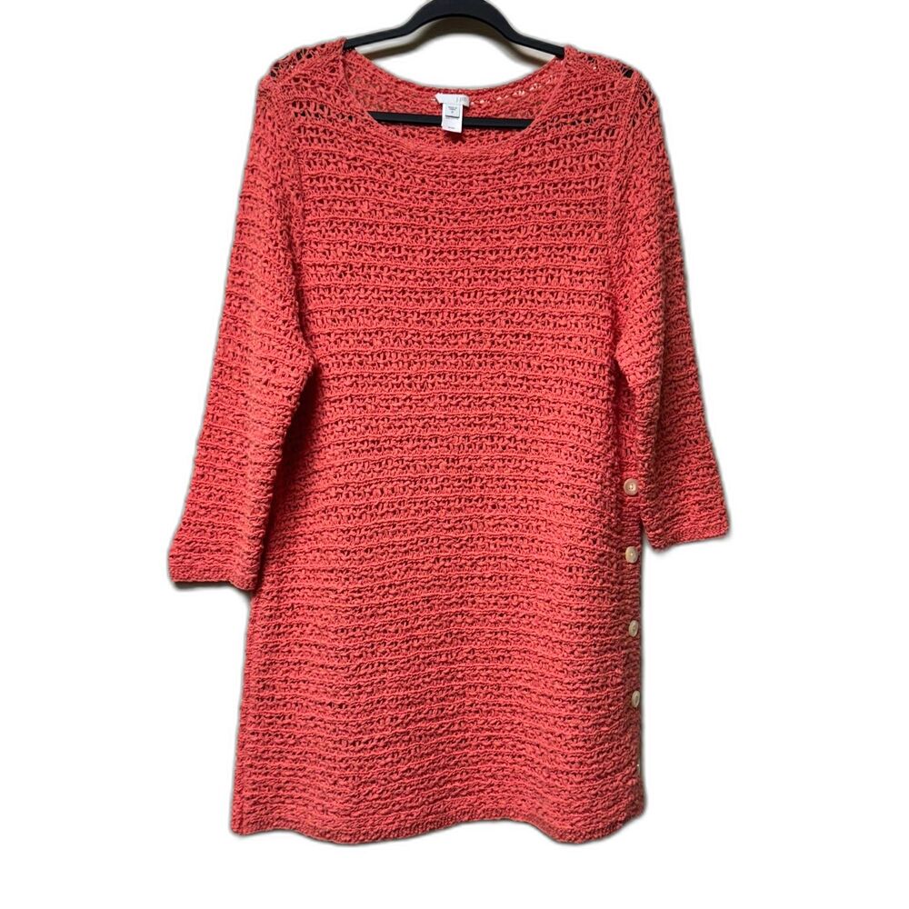 J. JILL Bright Coral Cotton Open Knit Tunic, Side Buttons, Sz M